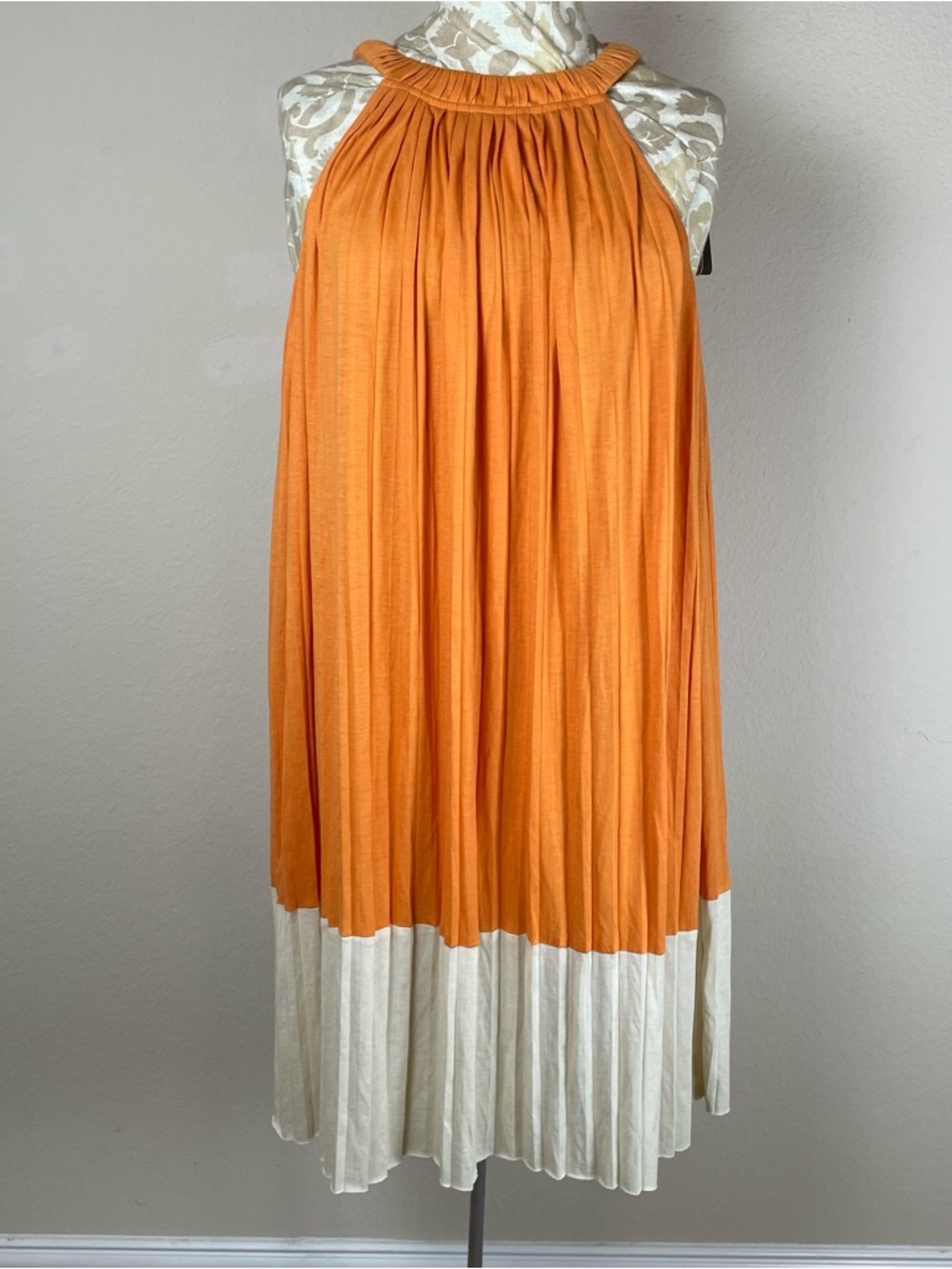 NWT Hoss Intropia Mini Dress Ribbed Pleated Accordion Tie Back Boho Y2K Orange S